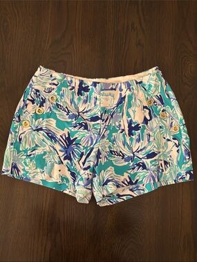 Lilly Pulitzer Printed Turquoise, Navy & White Floral Shorts Size 0